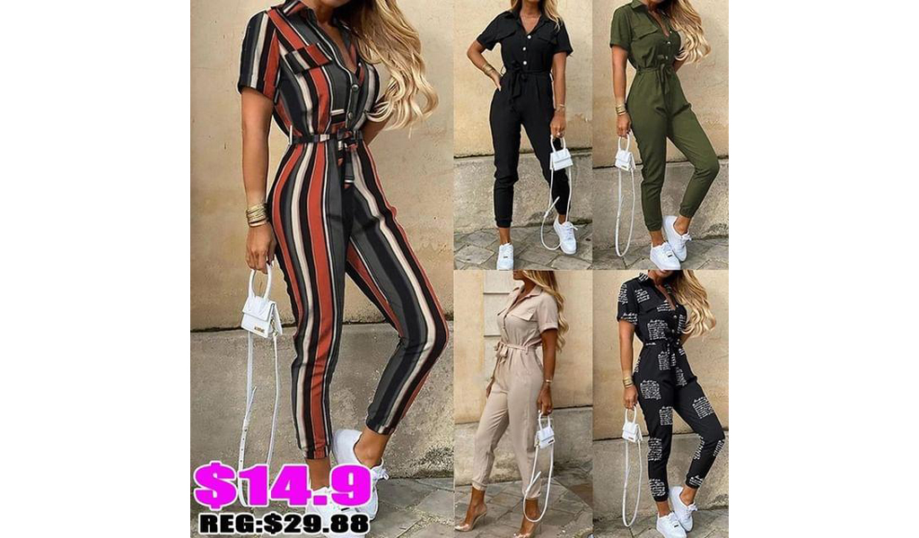 Women Short Sleeve Buttoned Jumpsuit+Free Shipping!