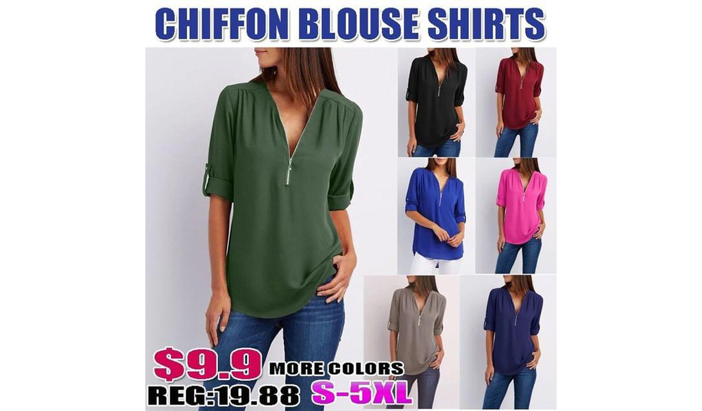 Womens Casual Zip Up Chiffon Loose Blouse Shirts S-5XL+Free Shipping!