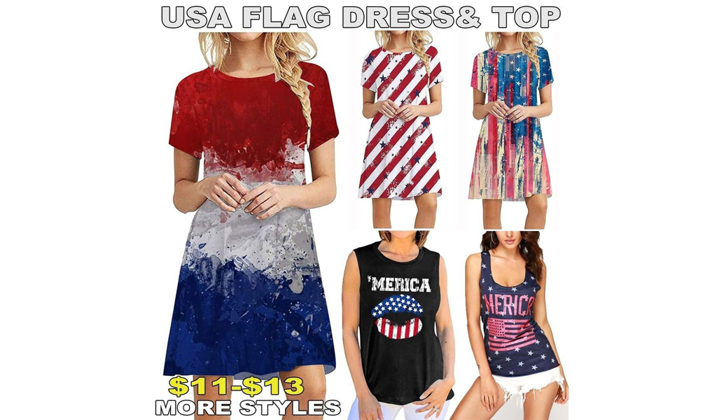 Women American Flag Short Sleeve Loose Casual Dress & Tank Top +Free Shipping!