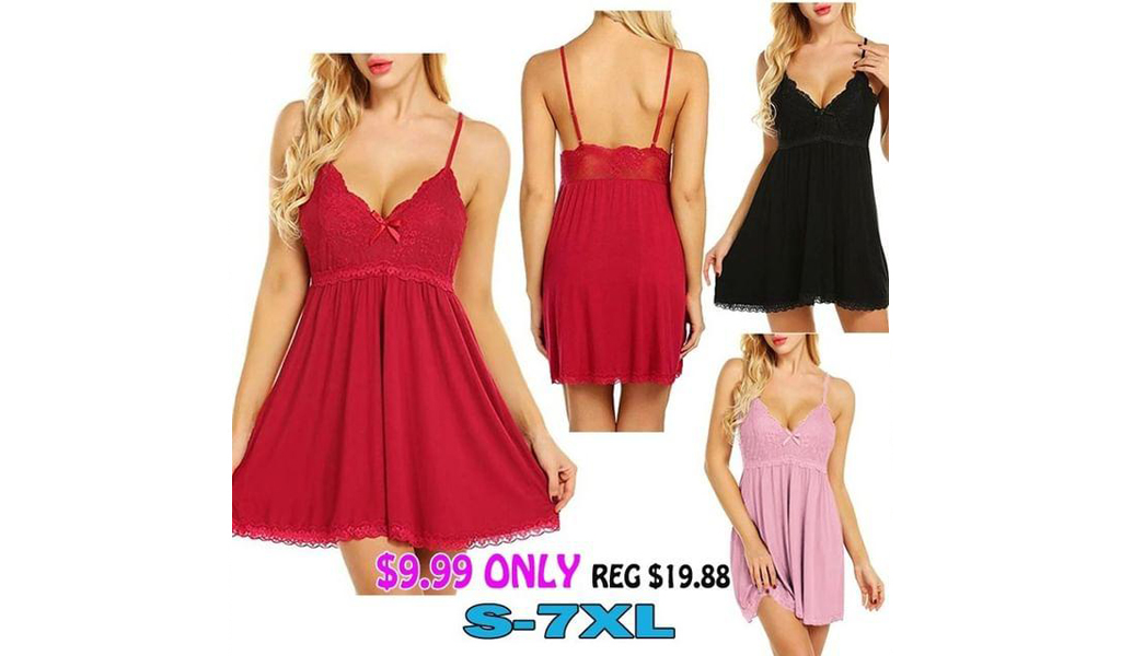 Women Sleeveless V Neck Hollow Out Lace Spaghetti Strap Nightgown Pajamas With Panty+Free Shipping!