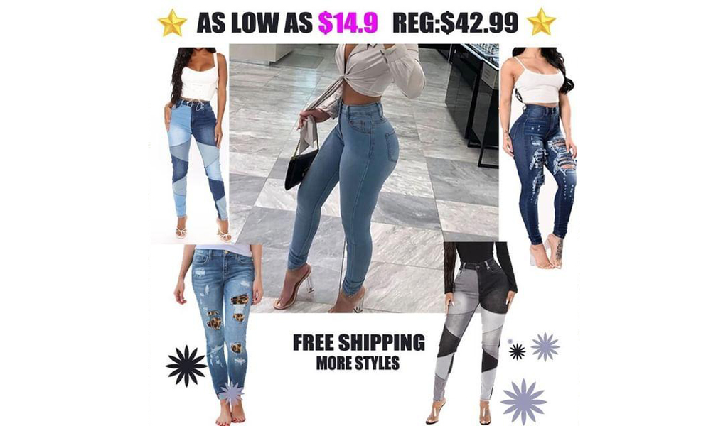 Fashion Women Distressed Color Block Stretch Denim Pants Ripped High Rise Skinny+Free Shipping!