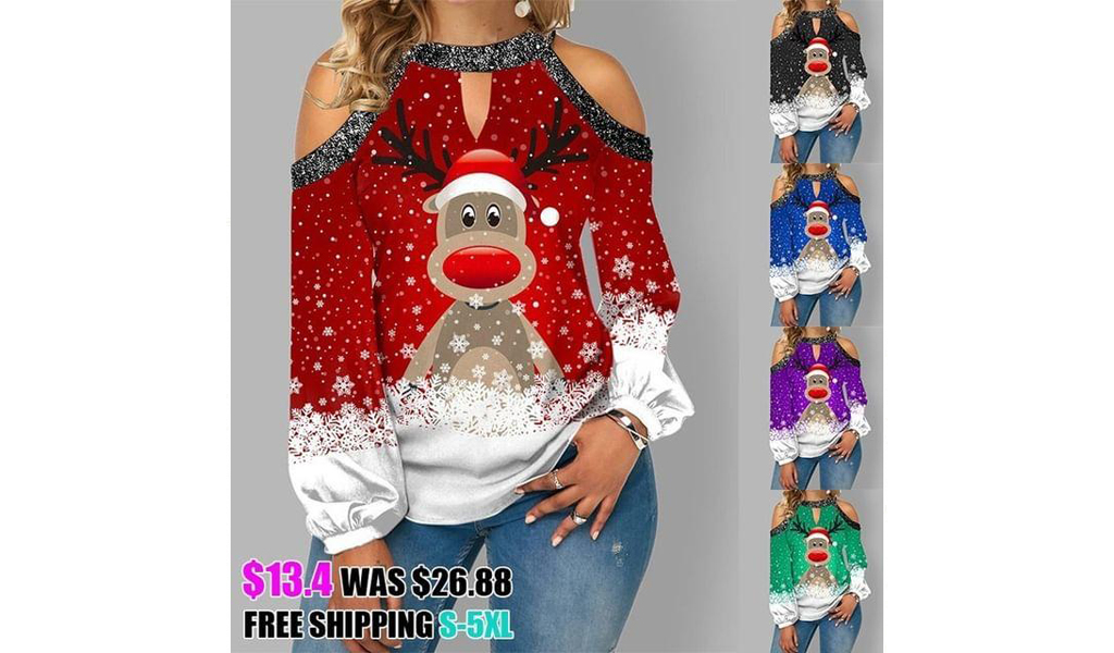 Women Cold Shoulder Christmas Print Sequin Contrast Blouse S-5XL+Free Shipping!