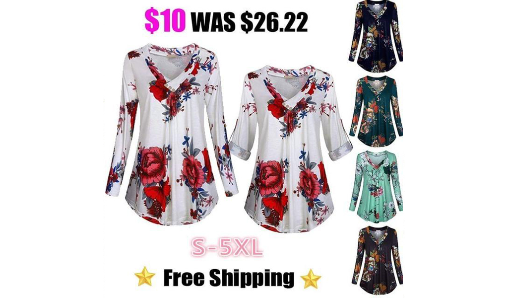 Women's Roll-up Long Sleeve Tunic V Neck Casual Blouses Shirts S-5XL+Free Shipping!