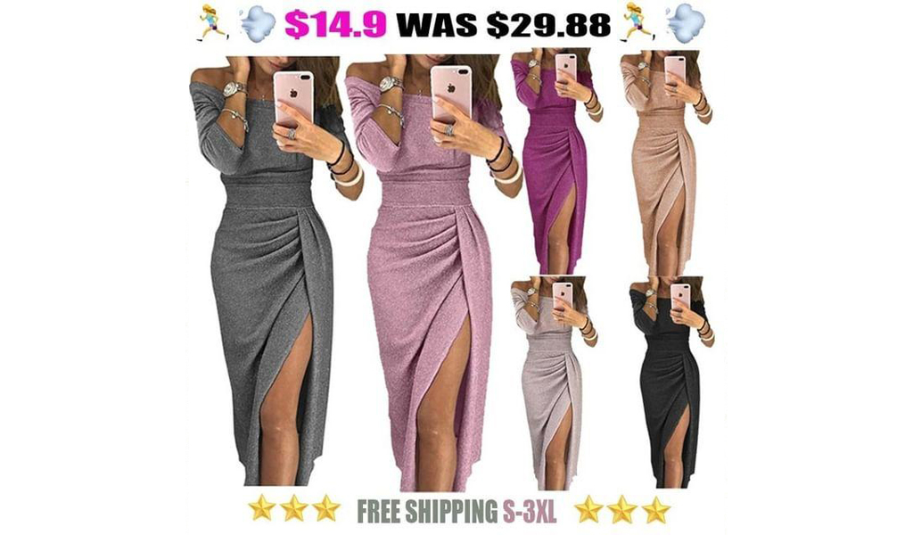 Women Off Shoulder Slit Peplum Three Quarter Sleeve Bright Silk Shiny Bodycon Dress+Free Shipping!