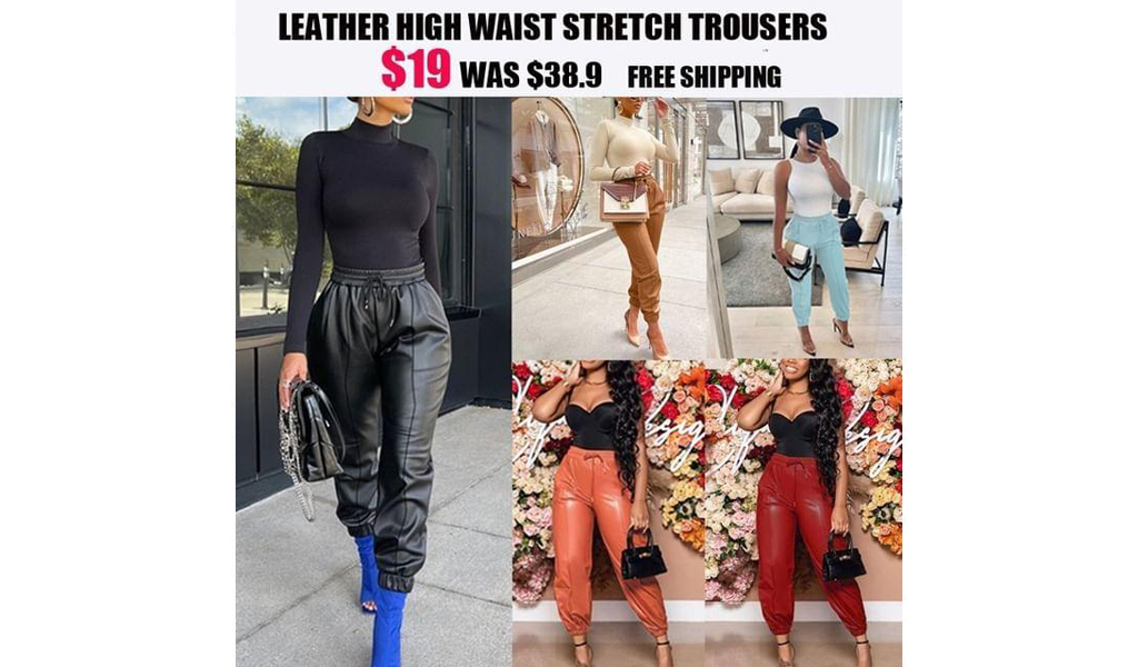 2021 Women Solid Leather High Waist Stretch Trousers With Drawstring+Free Shipping