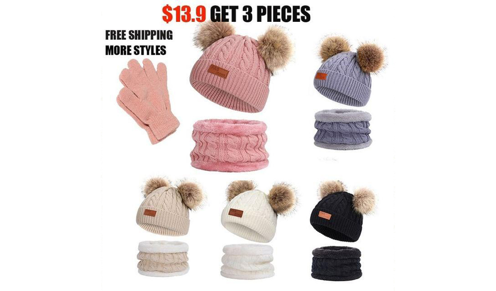 Knitteed Kids Hat Pompom Scarf Set With Gloves+Free Shipping