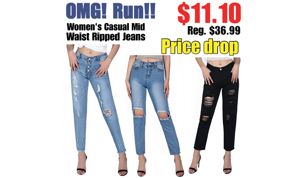 Women's Casual Mid Waist Ripped Jeans Only $11.10 Shipped on Amazon (Regularly $36.99)