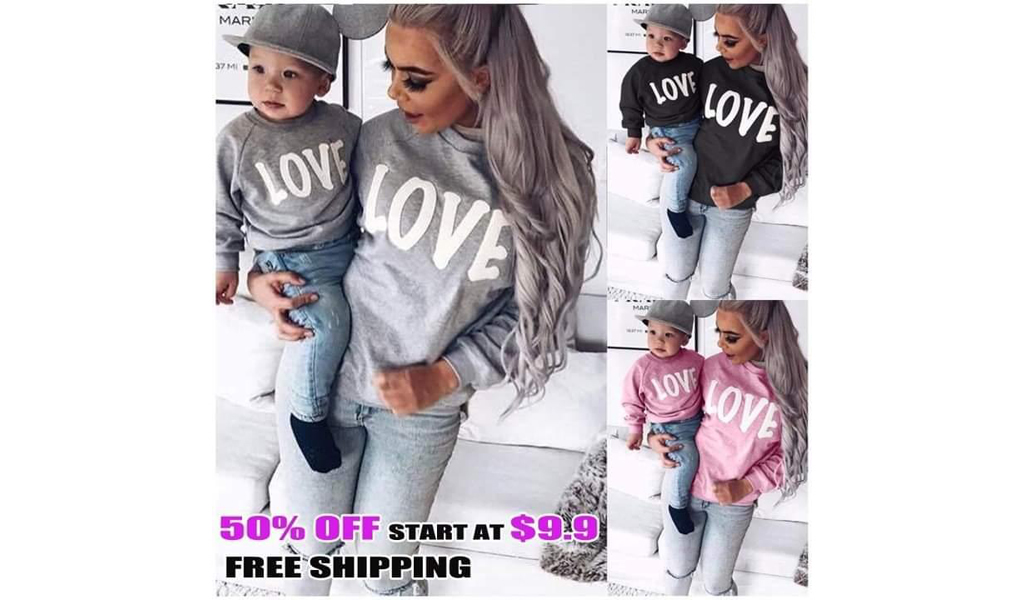 Mommy And Me Love Print Long Sleeve Pullover Tee Tops Family Matching Casual Sweatshirt+Free Shipping