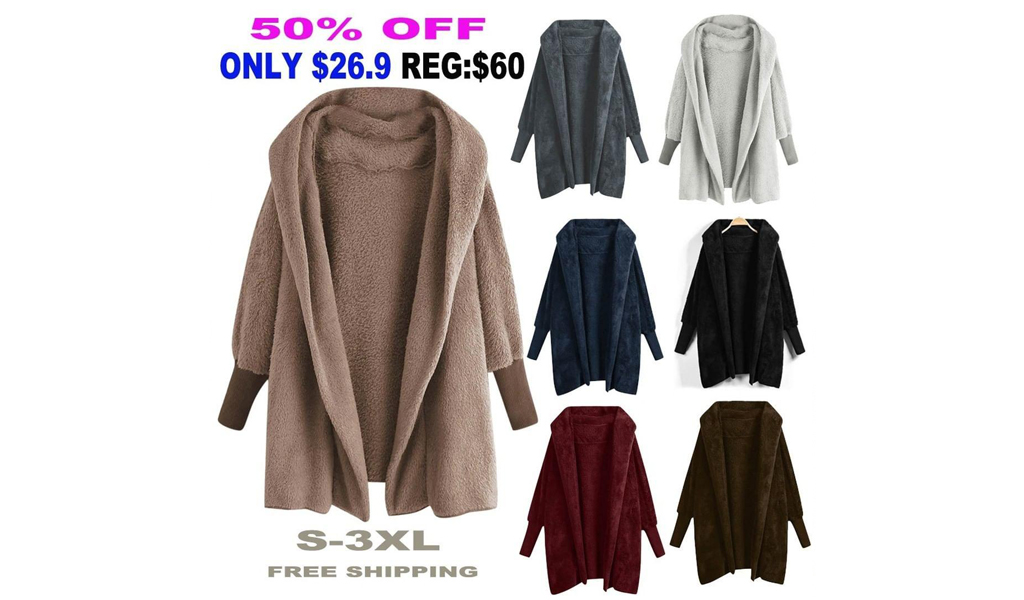 Women Khaki Hooded Dolman Sleeve Faux Fur Cardigan Coat+Free Shipping
