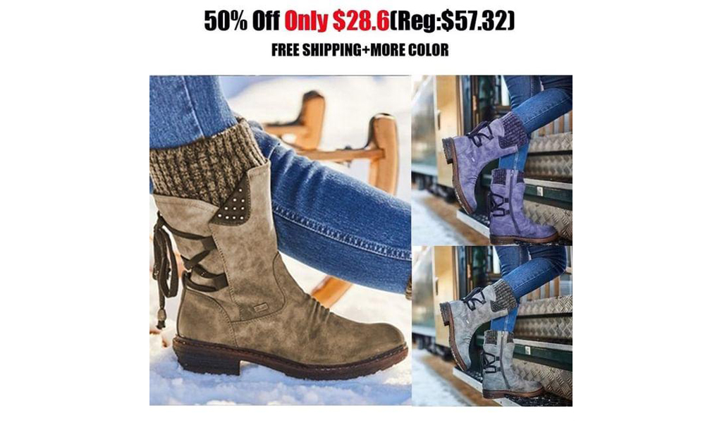 Womens Snow Boots Chunky Lace Up Vintage Mid Calf Boots+Free Shipping