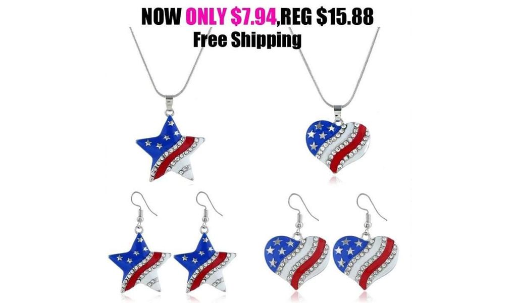 4th Of July USA American Flag Patriotic Independence Day Pendant Necklace Earrings Set+FREE SHIPPING