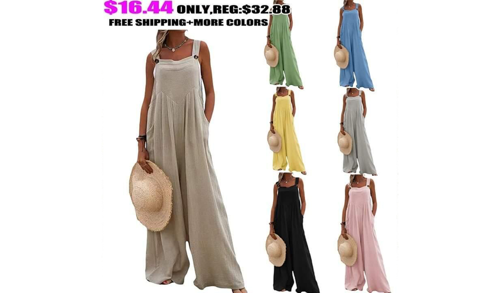Ladies Ethnic Style Solid Color Button Suspender Jumpsuit Wide Leg Pants+FREE SHIPPING