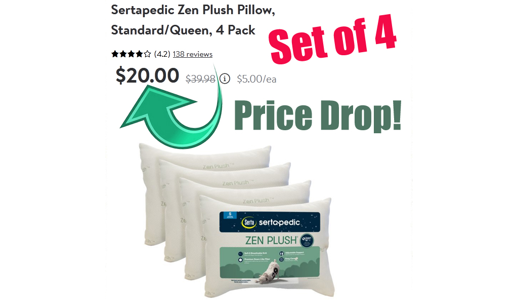 Sertapedic Zen Plush Pillow 4-Pack Only $20 on Walmart.com (Regularly $40) – Just $5 Each!