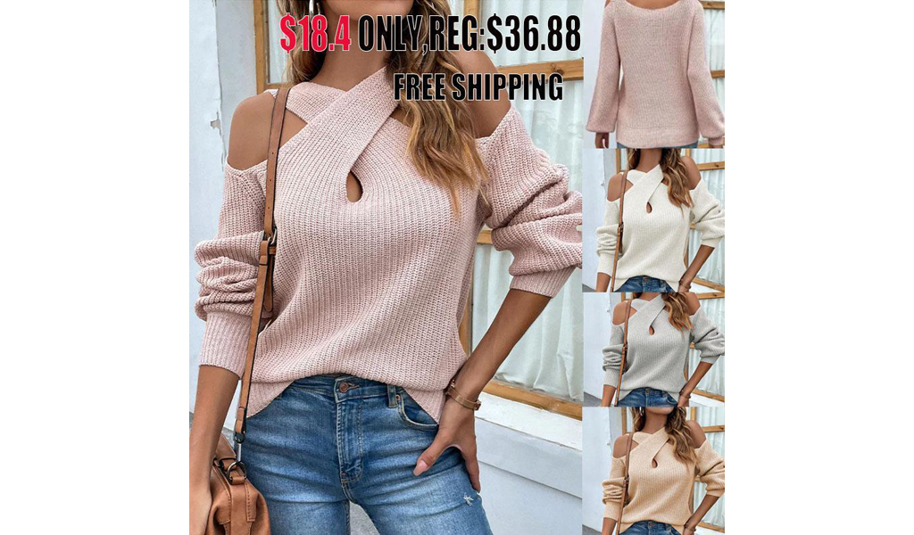 Women Cross Neck Cold Shoulder Sweater+FREE SHIPPING