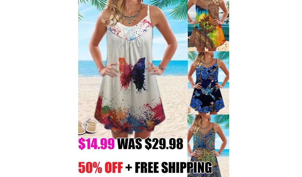 Women Dresses Casual Summer Beach Spring Striped Print Cover Up Sun Sleeveless Boho Dress +FREE SHIPPING