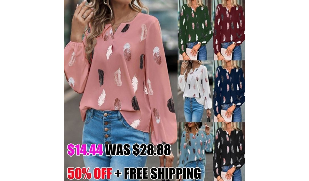 Women's Notched Neck Bishop Long Sleeve Feather Print Blouse Tops +FREE SHIPPING