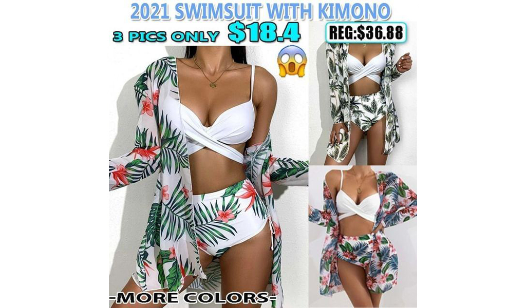 2021 Newest Women 3 PICS Floral Swimsuit With Kimono+Free Shipping!