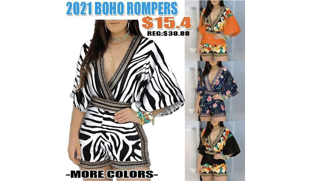 2021 Newest Women Summer Boho Flower Print Short V-Neck Rompers+Free Shipping!