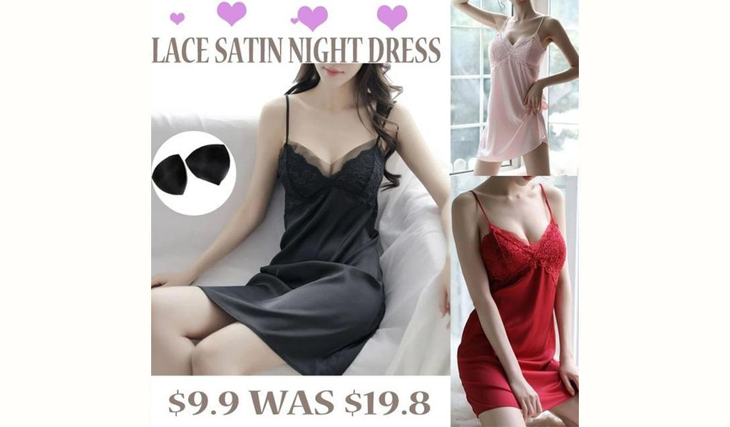 Women Lace See-Through Strap Sleepwear Satin V-Neck Night Dress With Breast Pad+Free Shipping!