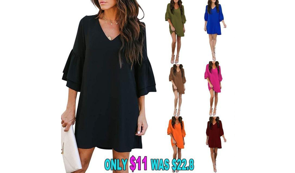 Women Fashion V-Neck Bell Sleeve Shift Dress Mini Dress+Free Shipping!