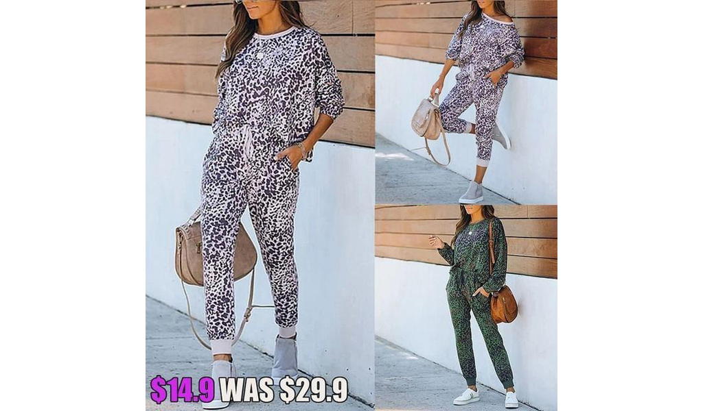 Women Leopard Print Tie Dye 2 Piece Pajamas V-Neck Long Sleeve Drawstring Pants Pockets+Free Shipping!