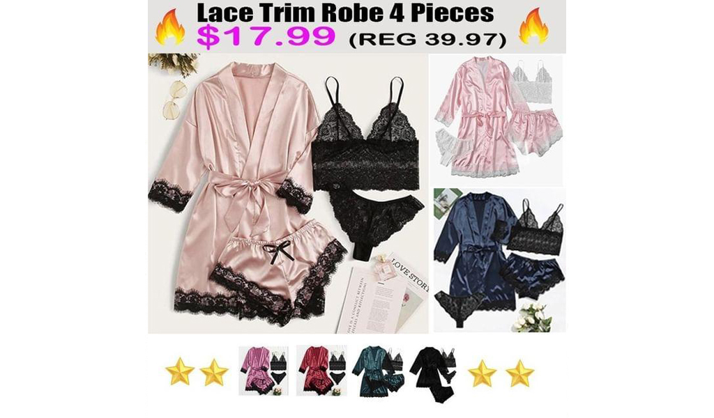 Women's Sleepwear 4pcs Floral Lace Trim Satin Cami Pajama Set With Robe+Free Shipping!