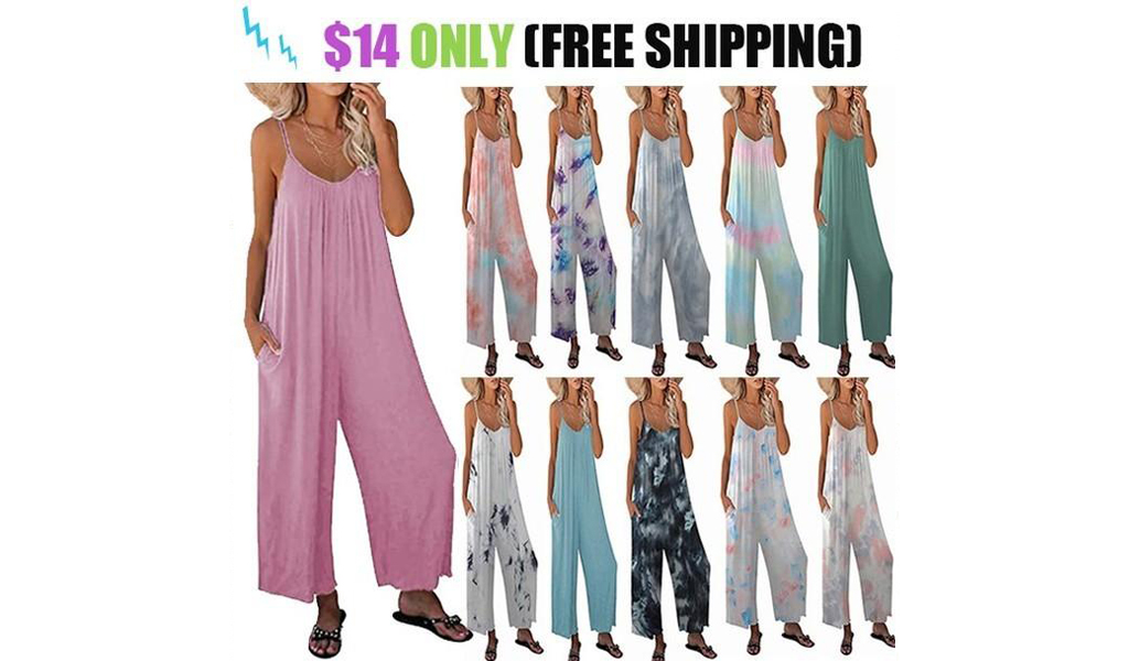 IWomens Tie dye Floral Printed Jumpsuits Casual Sleeveless Spaghetti Strap Rompers Wide Leg Pants With Two Pockets+Free Shipping!