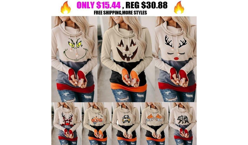 Women Halloween Christmas Graphic Cowl Neck Hoodies Pullover Casual Long Sleeve Hooded Sweatshirts+Free Shipping!