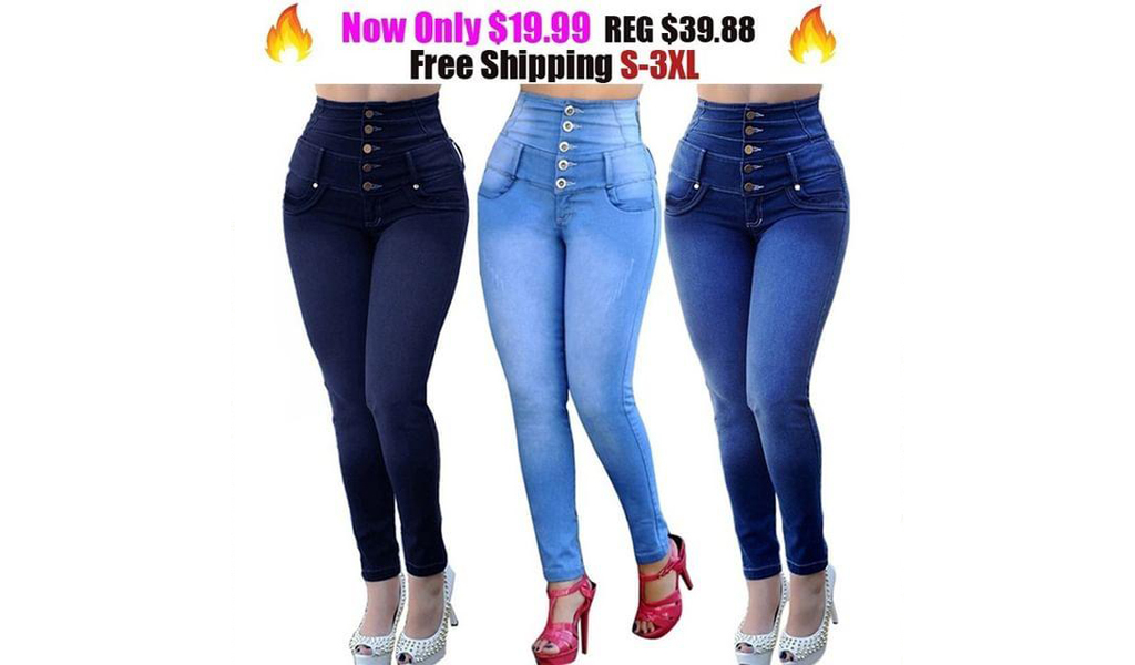 Women High-Waisted Push Up Jeans Skinny Elastic Stretch Denim Pants With Button?+Free Shipping!