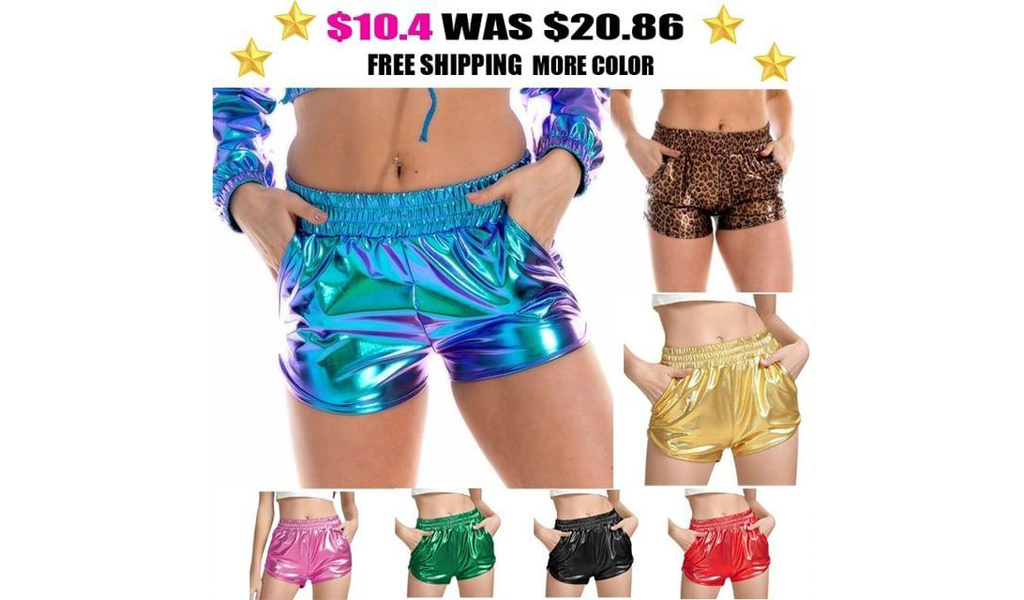 Women Metallic Shorts Elastic Waist Shiny Sparkly Rave Pants+Free Shipping!