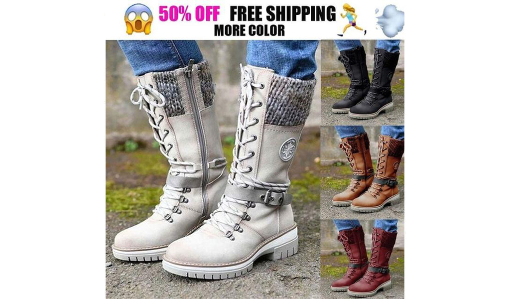 Women Winter Buckle Lace Knitted Mid-Calf Boots Low Heel Round Toe Boot+Free Shipping
