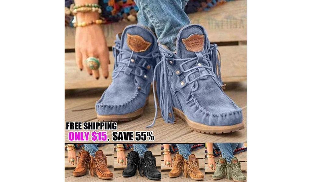 Womens Studded Lace-Up Fringe Booties Suede Tassel Moccasin Flats Ankle Boots+Free Shipping