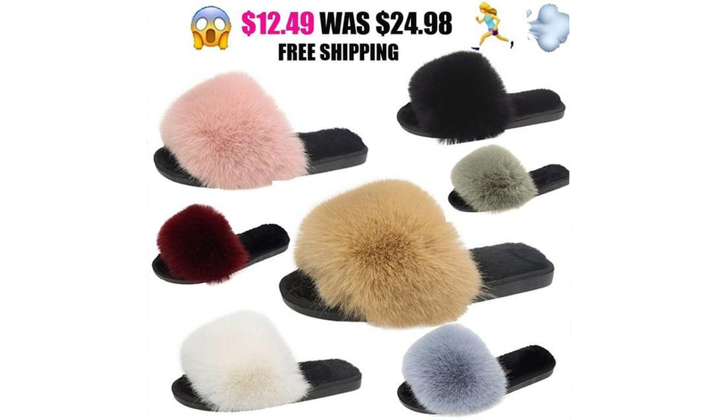 Women Fluffy Plush Lightweight House Slippers Open Toe Outdoor Slippers+Free Shipping