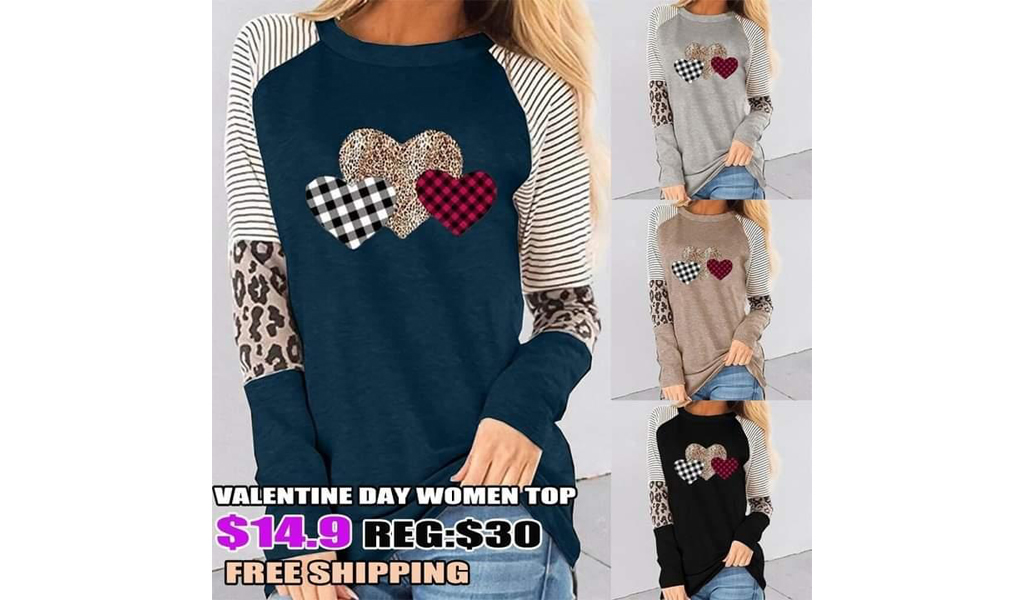 Valentine Day Women Plaid Love Heart Graphic Girlfriend Gift Long Sleeve Shirts Top+Free Shipping