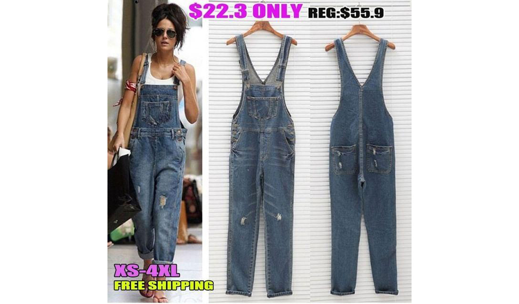 Women Ripped Jeans Straps Overalls Trousers Sleeveless With Baggy Pockets+Free Shipping!