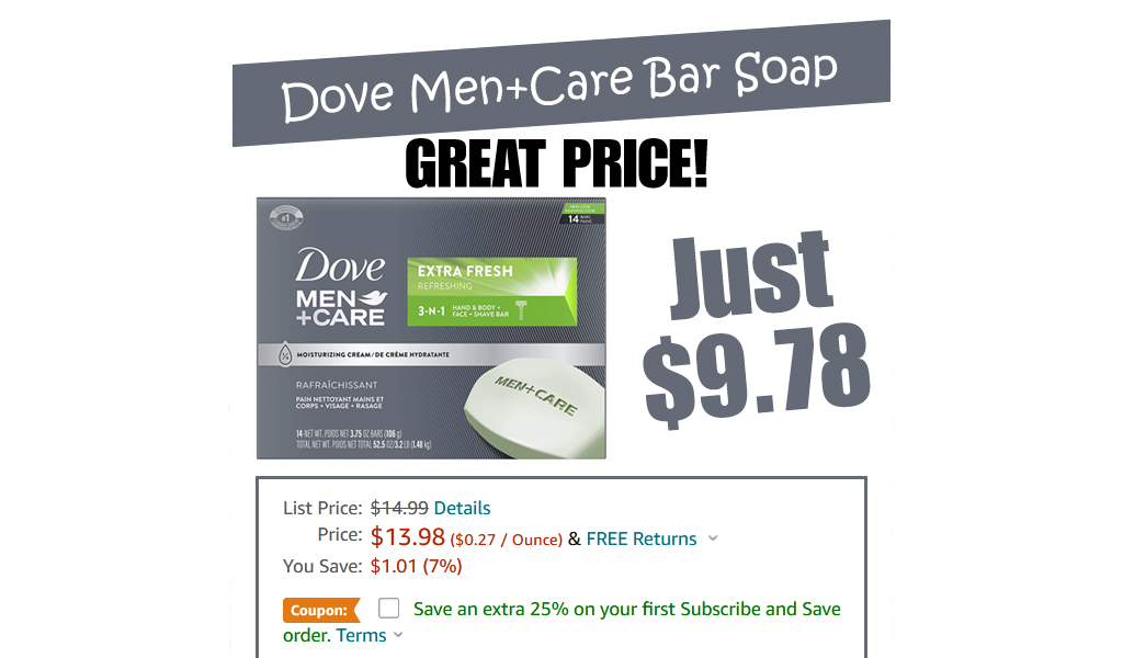 Dove Men+Care Bar Soap 14-Count Just $9.78 Shipped on Amazon (Regularly $15)