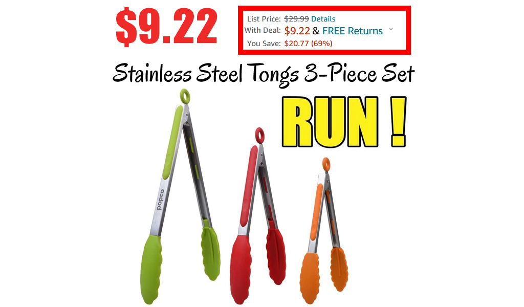 Stainless Steel Kitchen Tongs 3-Piece Set Just $9.22 on Amazon (Over 10,600 5-Star Reviews!)
