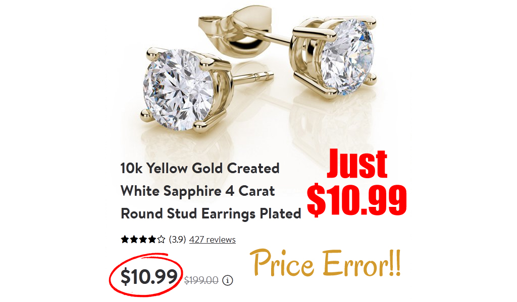 10k Yellow Gold White Sapphire 4 Carat Round Stud Earrings Only $10.99 Shipped on Walmart.com (Regularly $199)