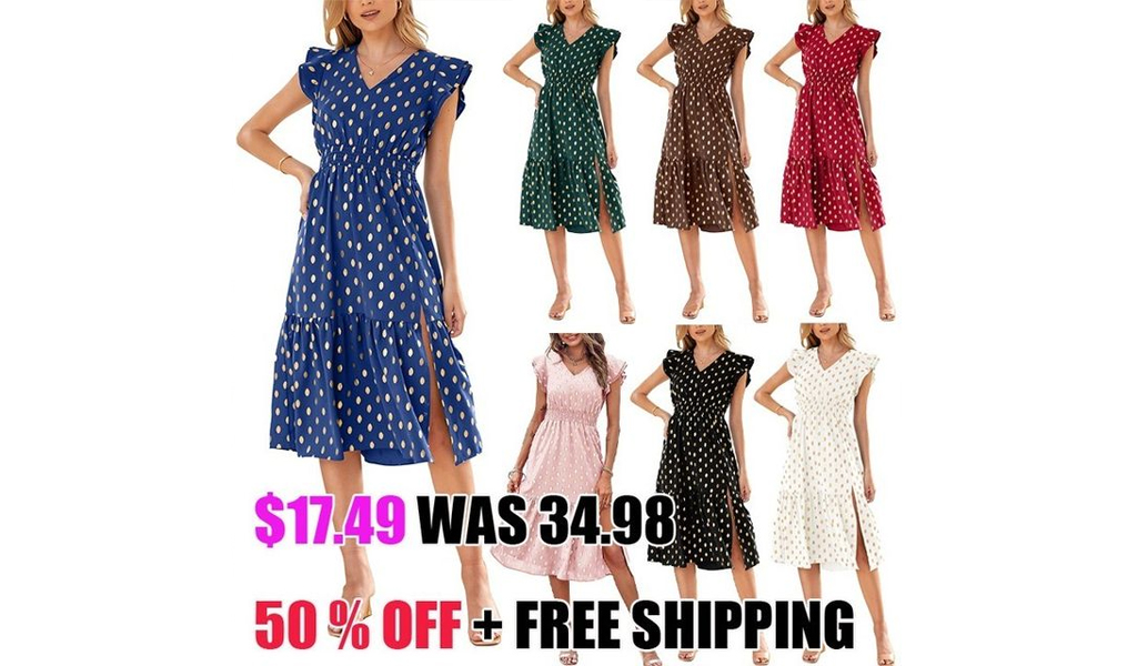 Women's Polka-Dot Sleeveless V-Neck Midi Dress With Pleated+FREE SHIPPING