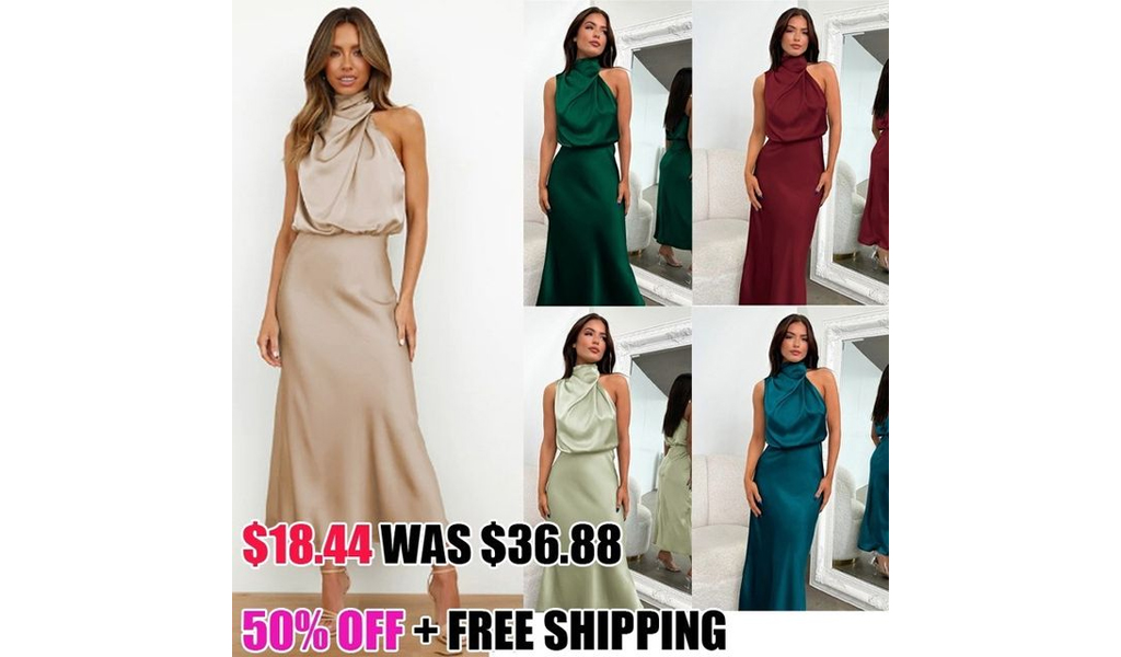 Women Stain Silk Dresses Sexy Evening Party Maxi Dresse+FREE SHIPPING