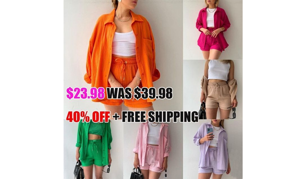 Women Spring Ruffle Collar Long Sleeve Shirt High Waist Drawstring Shorts+FREE SHIPPING